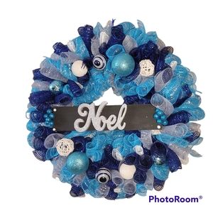 Large size Noel Blue and Silver Christmas Ornament Holiday Wreath